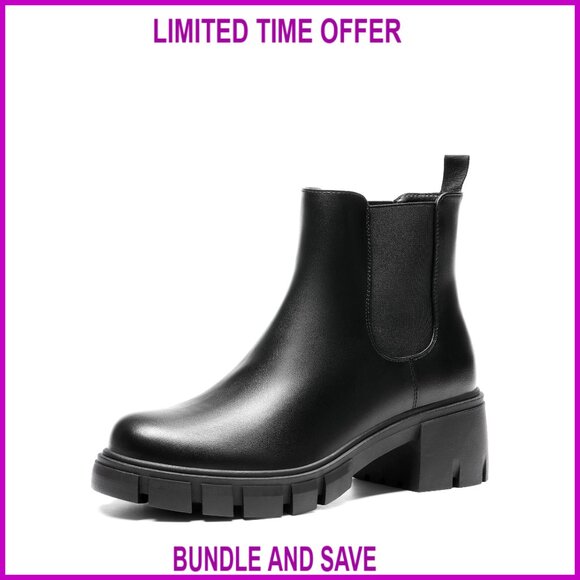 Shoes - Women's Elastic Chelsea Ankle Boots Platform Low Chunky Block Heel Lug Sole